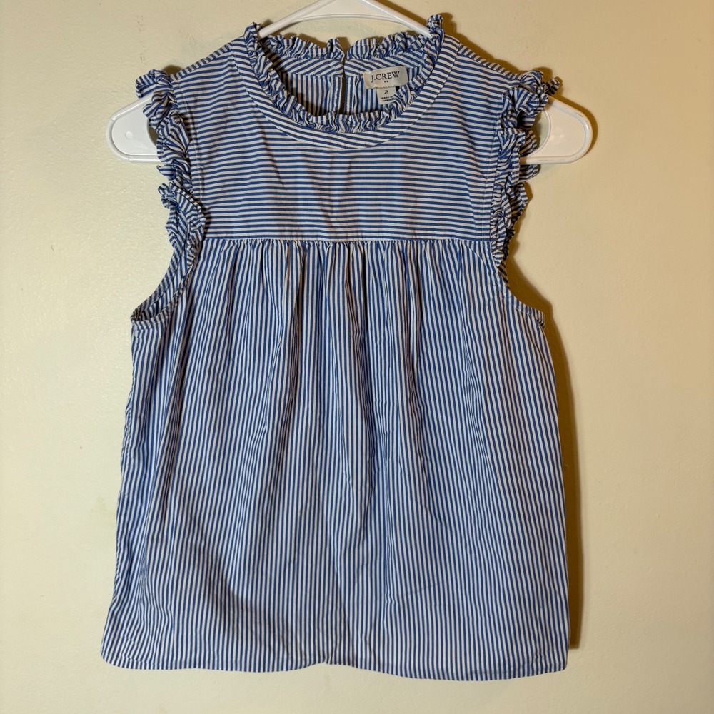 J. Crew Striped Ruffle Neck Sleeveless Blouse Size 2‎ Blue White